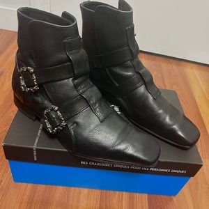 Fluevog Sutton skull buckle boots
